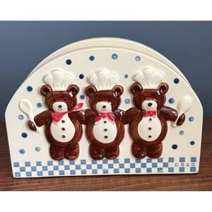 Vintage Teddy Bear Chef Napkin Holder Ceramic Blue Check Polka Dot Hand painted